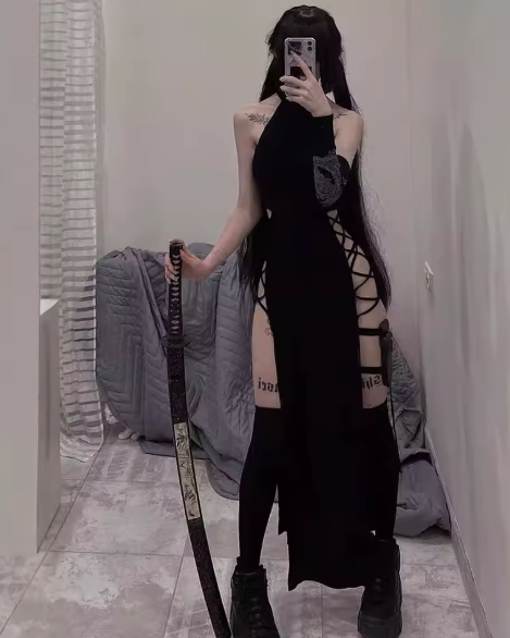 High Neck Lace-Up Cut-Out Bodycon Maxi Dress - MidnightAura
