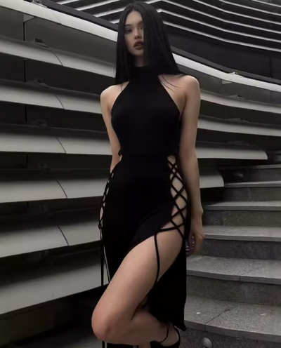 High Neck Lace-Up Cut-Out Bodycon Maxi Dress - MidnightAura