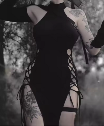High Neck Lace-Up Cut-Out Bodycon Maxi Dress - MidnightAura