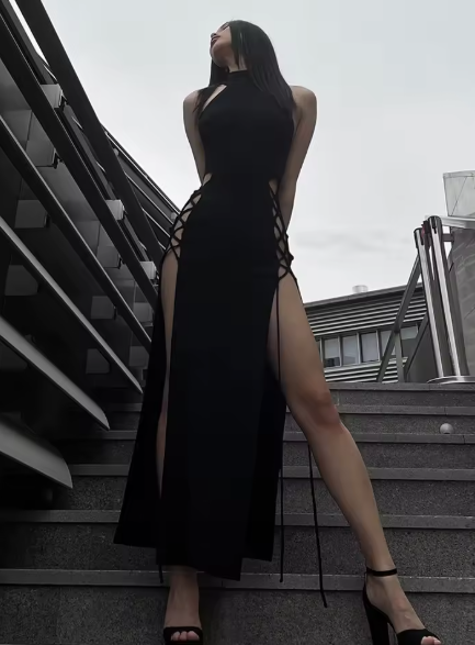 High Neck Lace-Up Cut-Out Bodycon Maxi Dress - MidnightAura