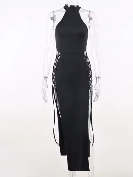 High Neck Lace-Up Cut-Out Bodycon Maxi Dress - MidnightAura
