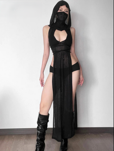Open Avant Garde Dress With Hood - MidnightAura