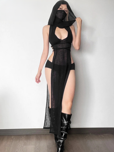 Open Avant Garde Dress With Hood - MidnightAura