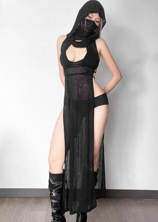 Open Avant Garde Dress With Hood - MidnightAura