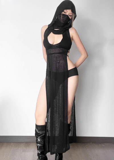 Open Avant Garde Dress With Hood - MidnightAura