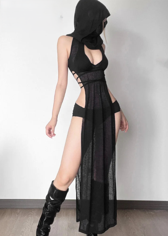 Open Avant Garde Dress With Hood - MidnightAura