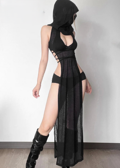 Open Avant Garde Dress With Hood - MidnightAura