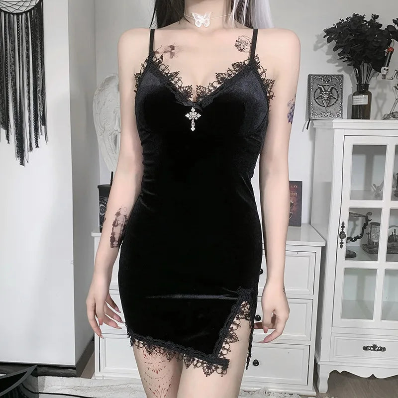 Velvet Lace Trim Bodycon Dress - MidnightAura