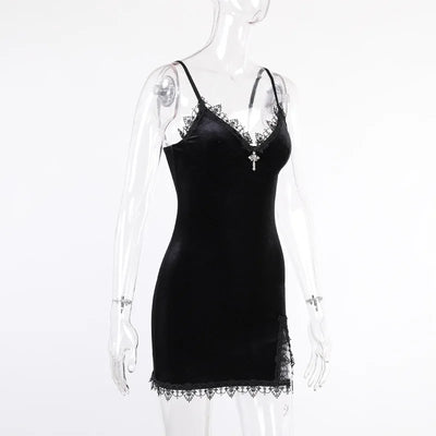 Velvet Lace Trim Bodycon Dress - MidnightAura