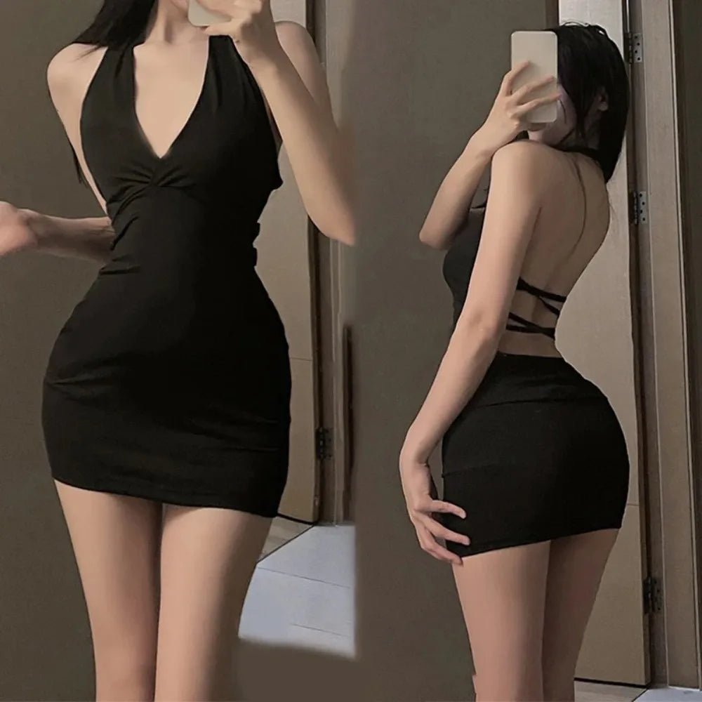 Leather Backless V-neck   Dress - MidnightAura
