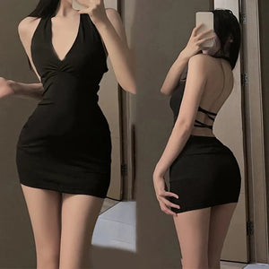 Leather Backless V-neck   Dress - MidnightAura