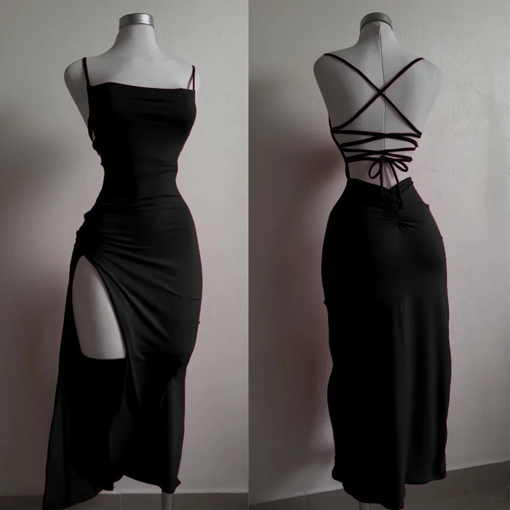 Backless Lace-Up Slit Maxi Dress - MidnightAura