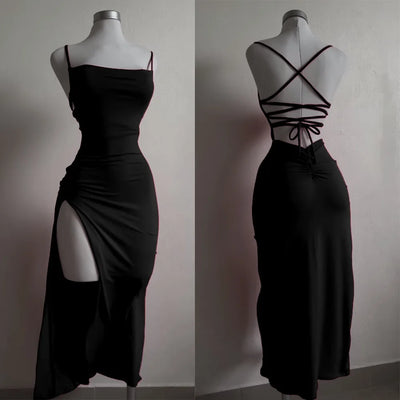 Backless Lace-Up Slit Maxi Dress - MidnightAura