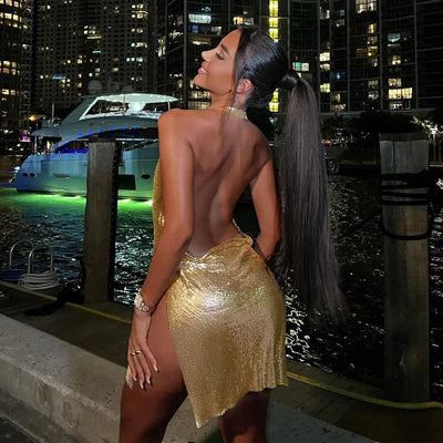 Backless Sequin Halter Dress - MidnightAura