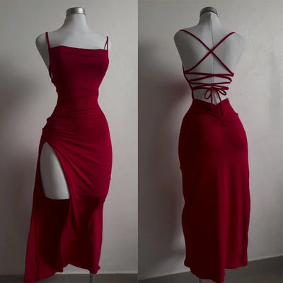 Backless Lace-Up Slit Maxi Dress - MidnightAura