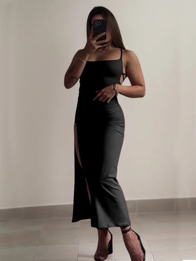 Backless Lace-Up Slit Maxi Dress - MidnightAura
