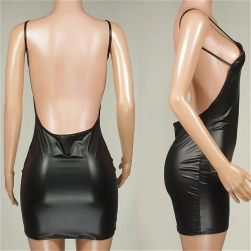 Faux Leather Backless Bodycon Dress - MidnightAura