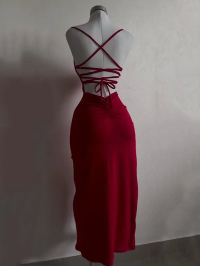Backless Lace-Up Slit Maxi Dress - MidnightAura