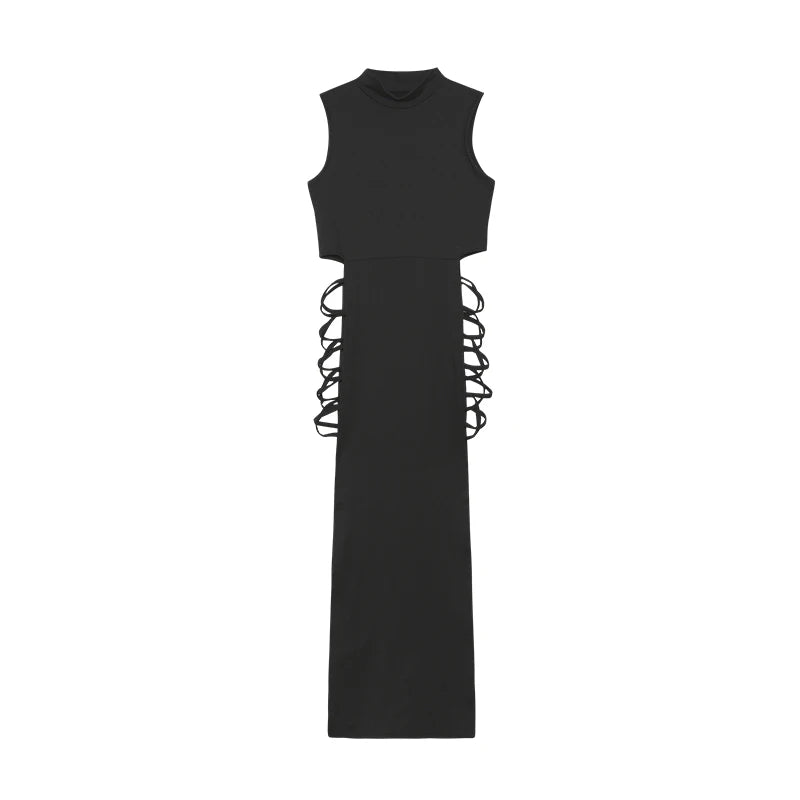 High Neck Lace-Up Cut-Out Bodycon Maxi Dress - MidnightAura