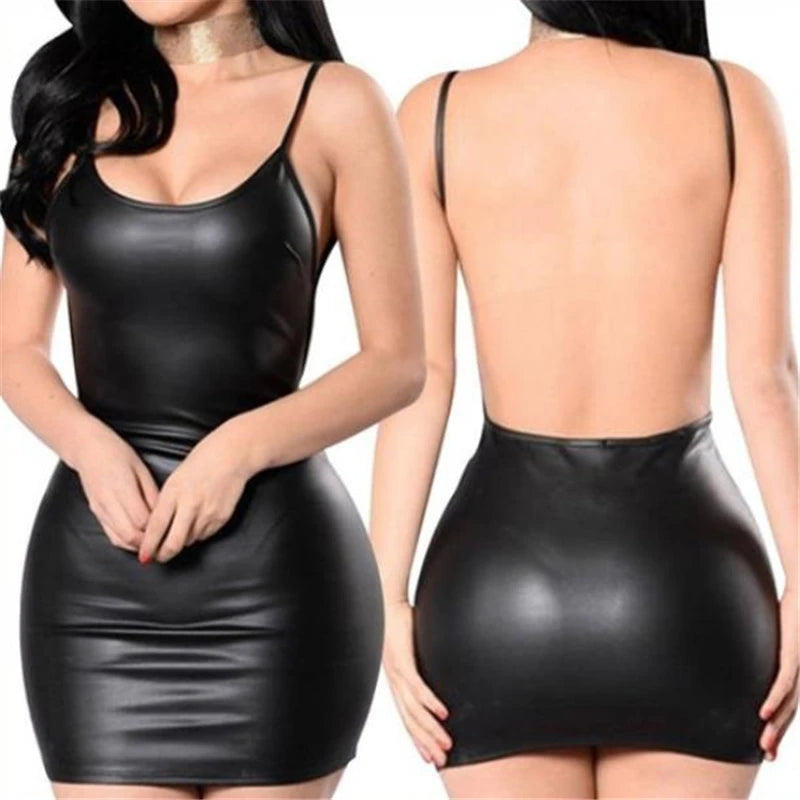 Faux Leather Backless Bodycon Dress - MidnightAura